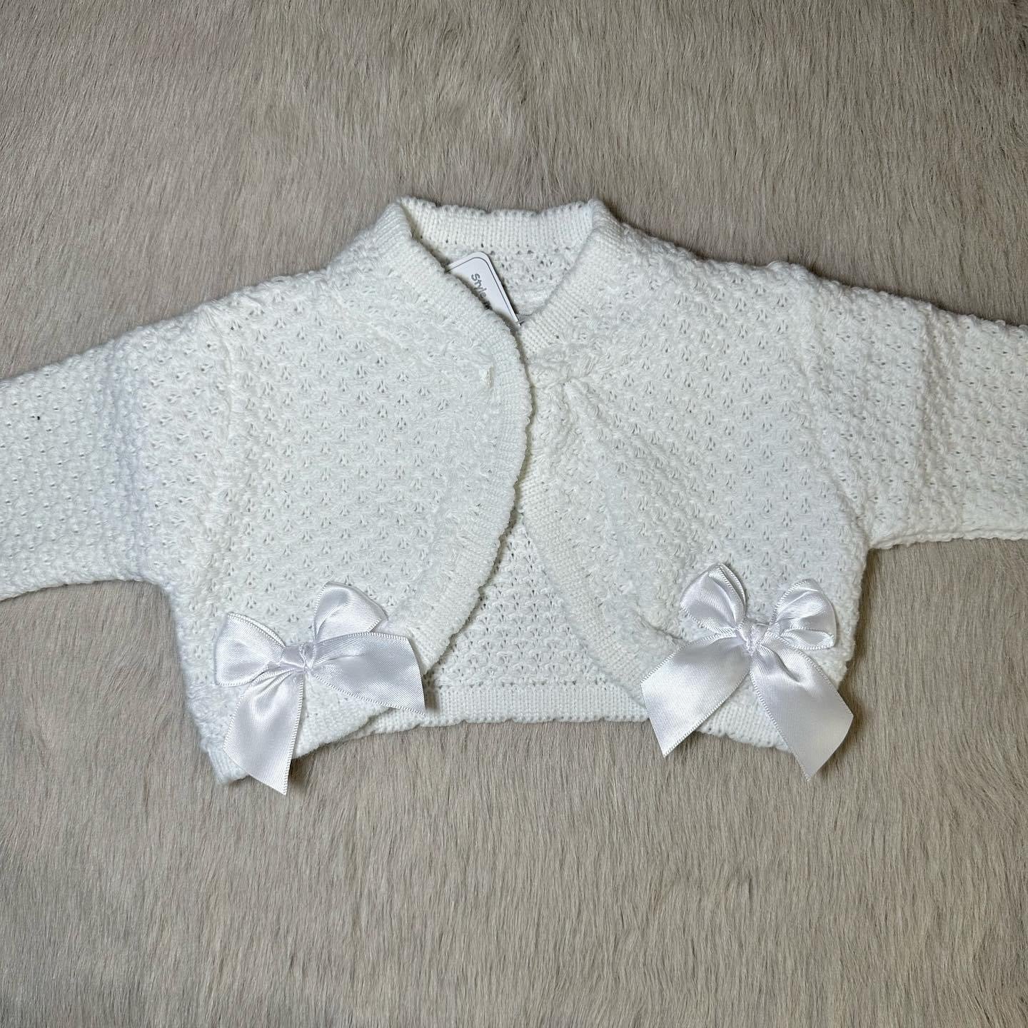 White knitted cropped cardigan with satin bows NB-9m