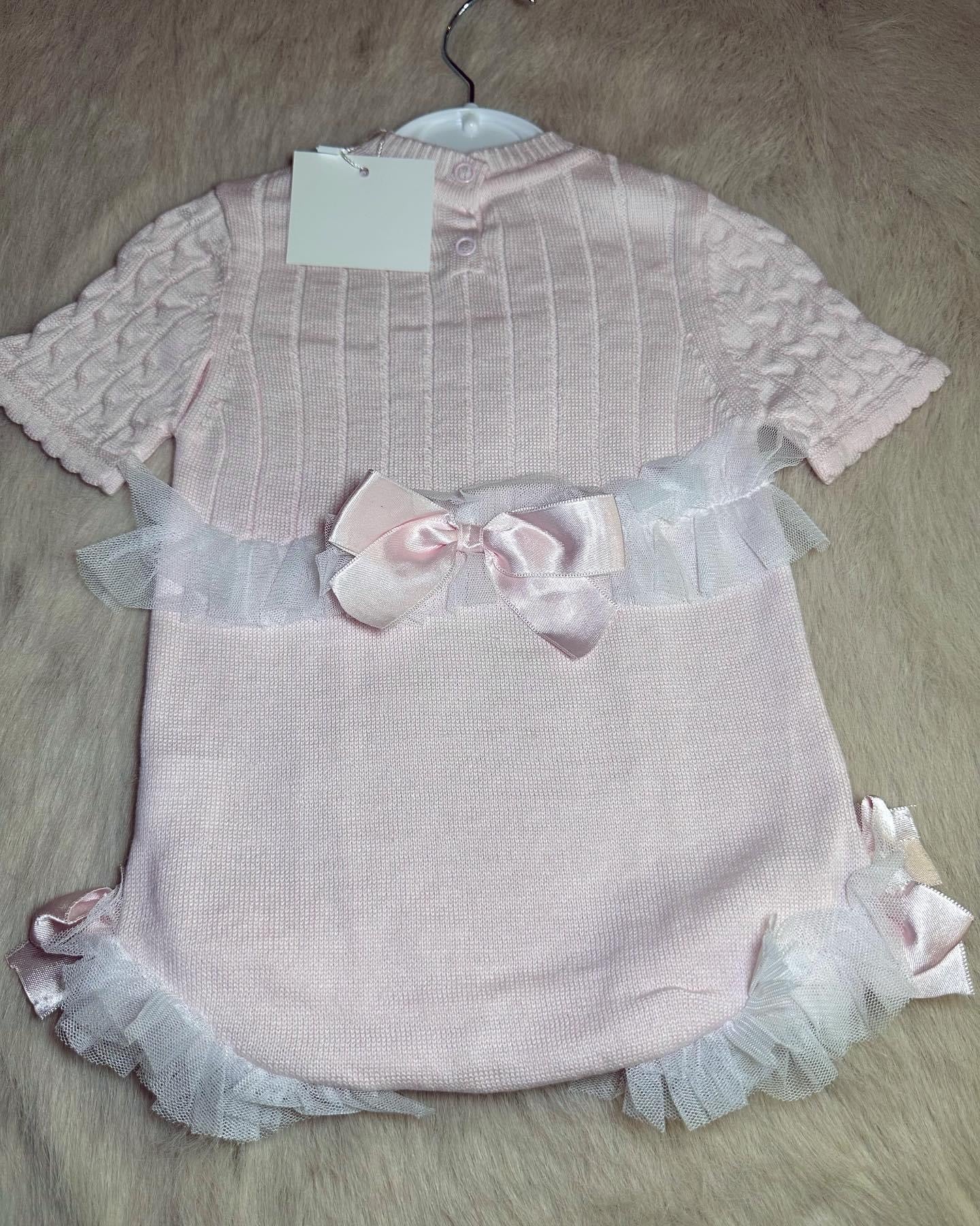 ￼Pink Spanish knitted bow romper set 0-12m