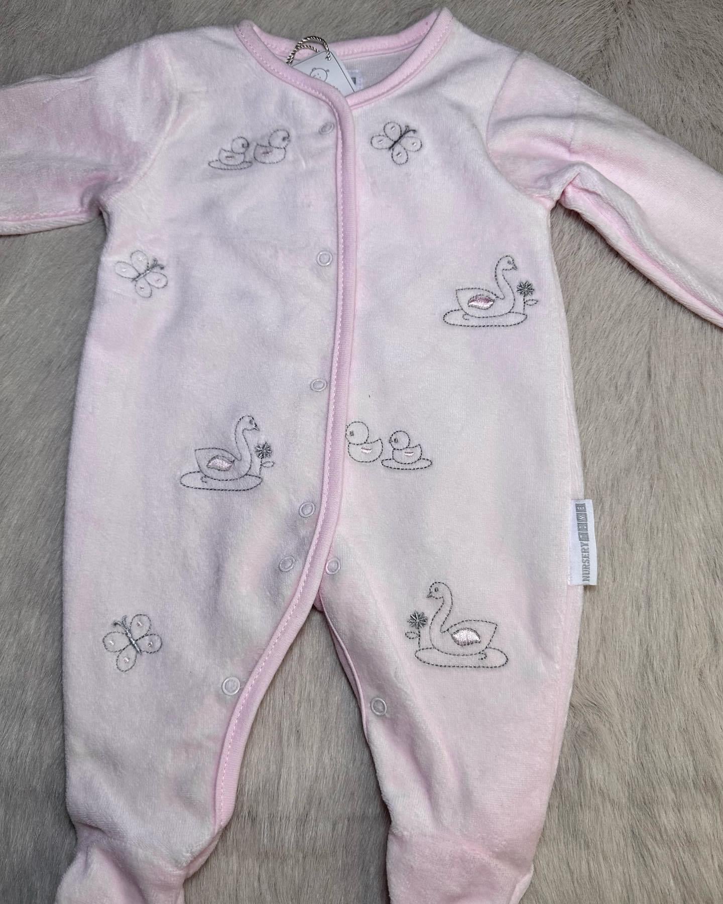 Pink swan and butterfly embroidered baby grow NB-6m