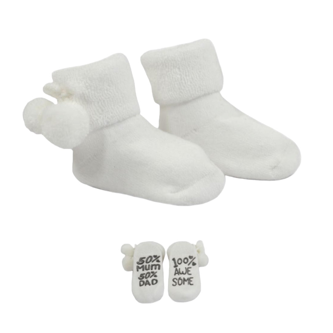 Blue & white Mum & Dad Pom Pom booties NB-12m