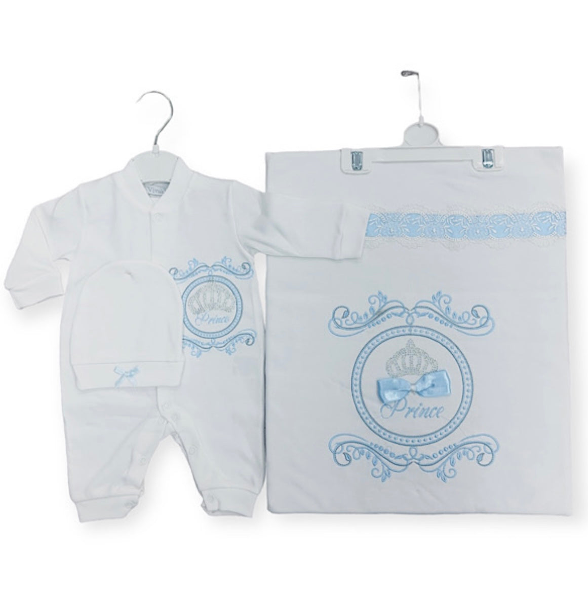 3pc Prince embroidered baby grow and blanket set 0-3m