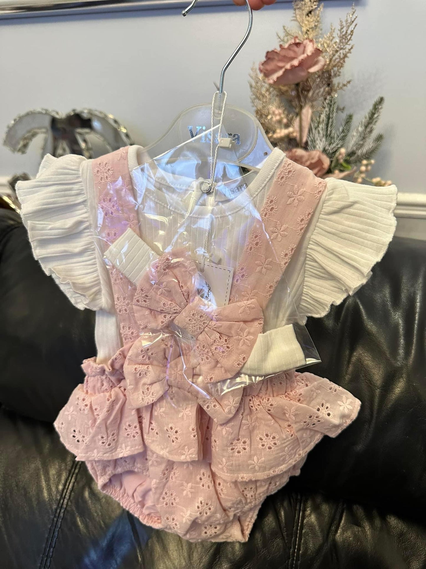 Pink floral lace romper with headband