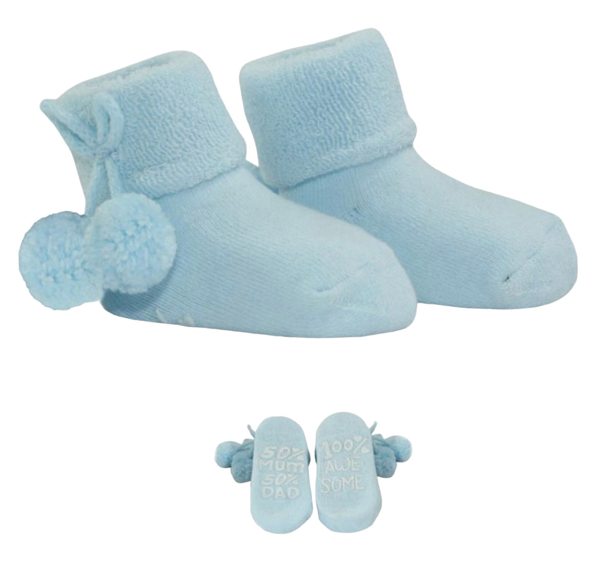 Blue & white Mum & Dad Pom Pom booties NB-12m