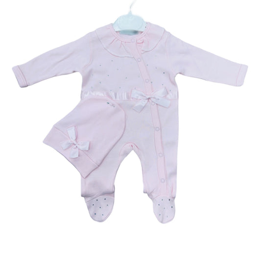 Pink diamanté baby grow and hat set NB-6m